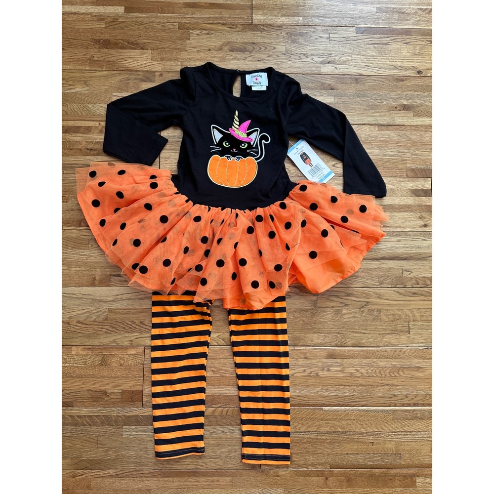 Counting Daisies Halloween Outfit 4T Black Cat Pumpkin Tutu Leggings‎ Set